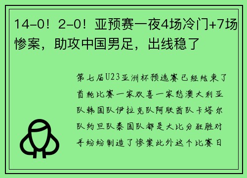 14-0！2-0！亚预赛一夜4场冷门+7场惨案，助攻中国男足，出线稳了